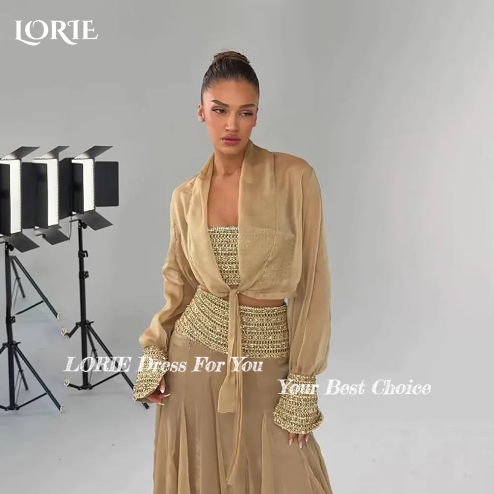 LORIE Long Sleeves Lace Gold Party Gowns A-Line Shiny Formal Dresses Customized Tulle Evening Dresses Muslim Party Prom Dresss - view 2