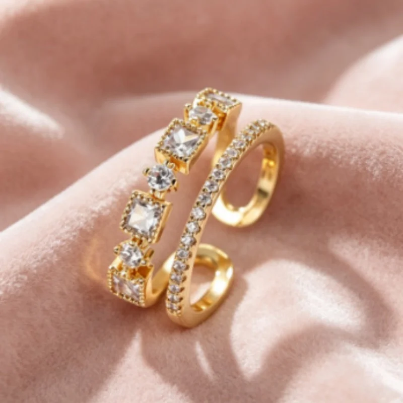 Multi Layer Flower Inlaid Zircon Open Ring for Female Actors, Elegant Personality, Light Luxury Design, Adjustable Accessories