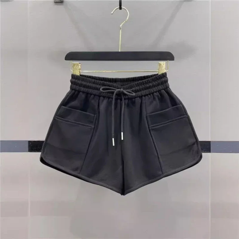 Dames Casual Solid Trekkoord Shorts 2025, Nieuwe bodems Hoge taille Wijde pijpen Broek Zakken Alle Match Pantalones Cortos De Mujer