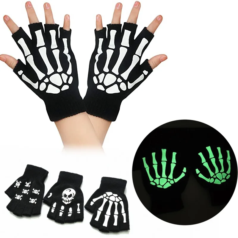 New Punk Gloves Unisex Halloween Skeleton Skull Half Finger Gloves Glow In The Dark Fingerless Stretch Knitted Winter Mittens