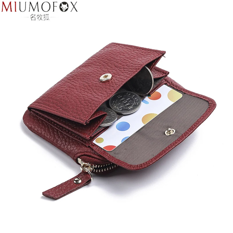 2023 New Genuine Leather Women Mini Wallet Ladies Short Wallets and Purses Zipper Leather Coin Purse Keychain Coins Pocket Bag