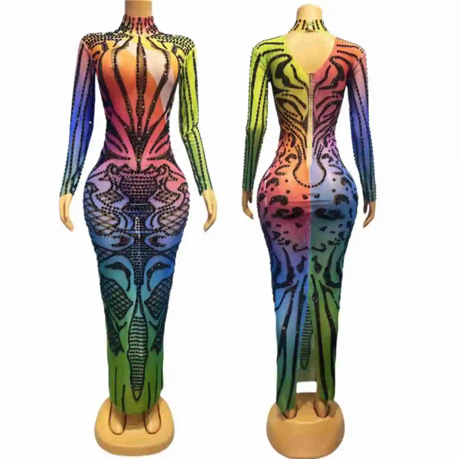 

Sparkly Black Rhinestone Multicolour Mesh Long Dress Fashion Women Tight Fitting Gown Birthday Celebrate Party Outfit Jianbianse