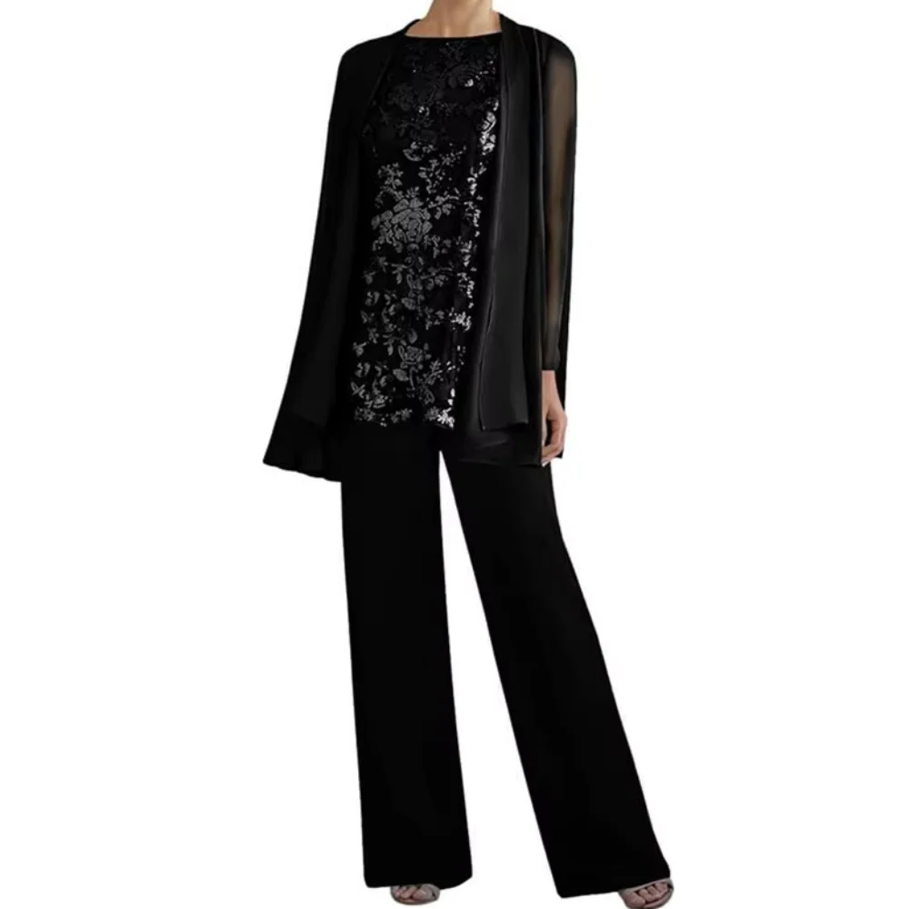 

Three Pieces Chiffon Mother Dress Custom Vintage Pantsuits Formal Occasion Gown Lace Sequined Long Sleeve robes invitée mariage