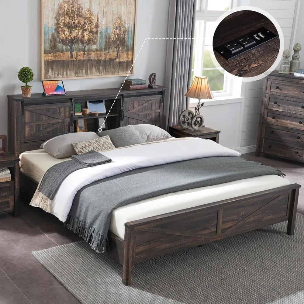 

Bed Frame w/Storage Bookcase Headboard, Sliding Barn Door, Charging Station, Rustic Wood Platform Bed w/Wood Slats Support