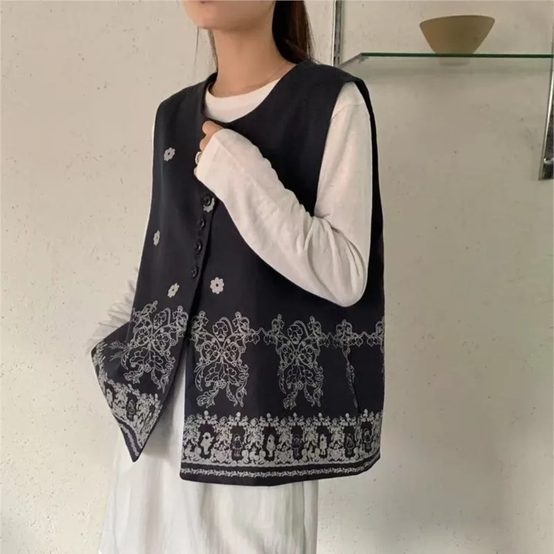 

Johnature богемный льняной жилет с круглым вырезом и принтом для женщин, новое универсальное повседневное пальто без рукавов