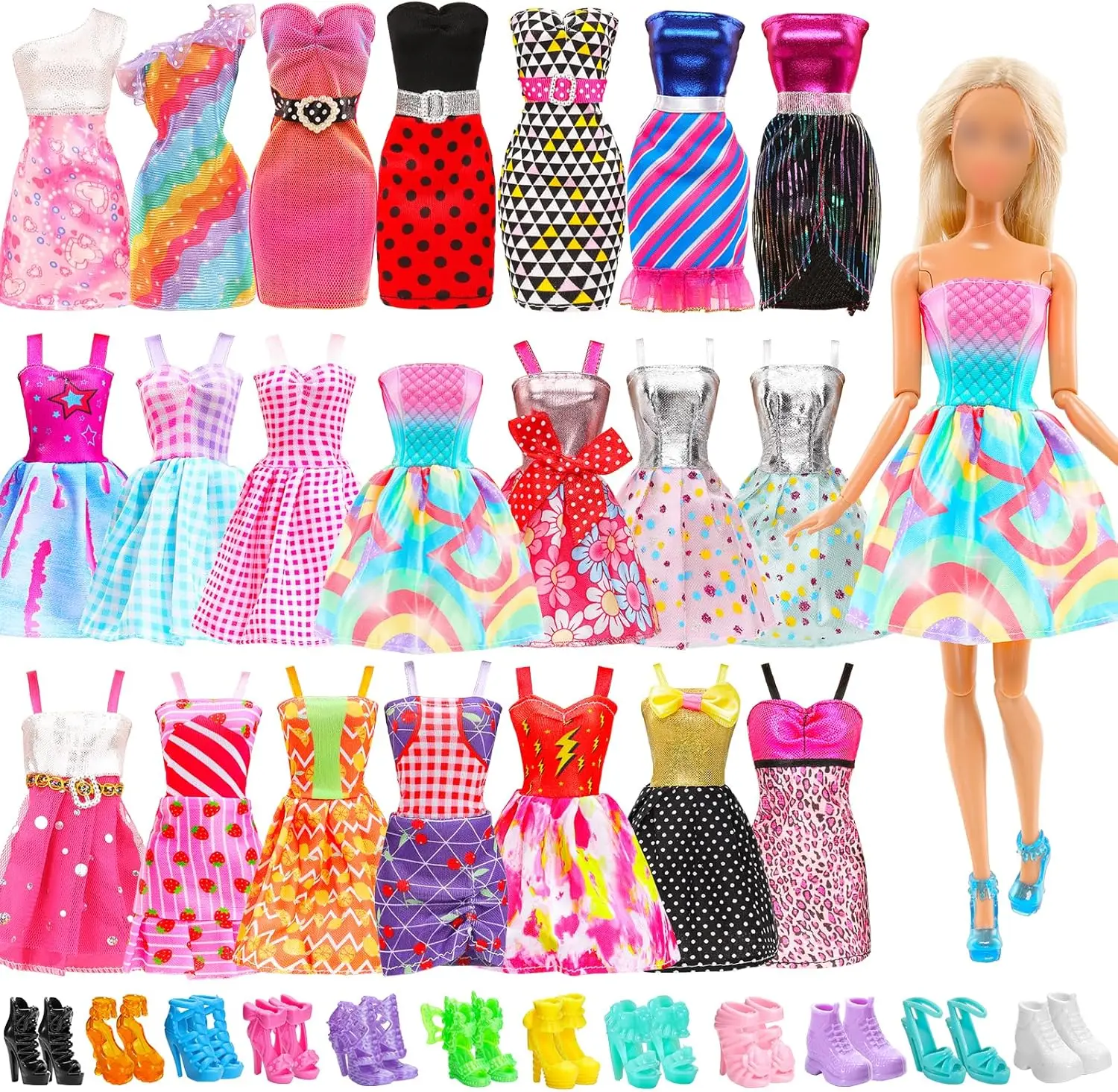 BARWA 20 PCS Doll Clothing and Accessories Including 10 Party Fashion Strapless Skirts Mini Slip Dresses 10 Shoes Accessories