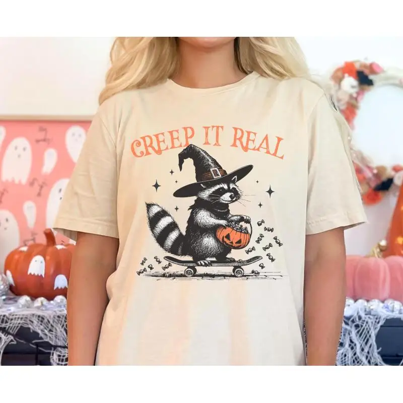 

Ретро футболка на Хэллоуин Creep It Real Vintage Raccoon осенняя женская Y2K