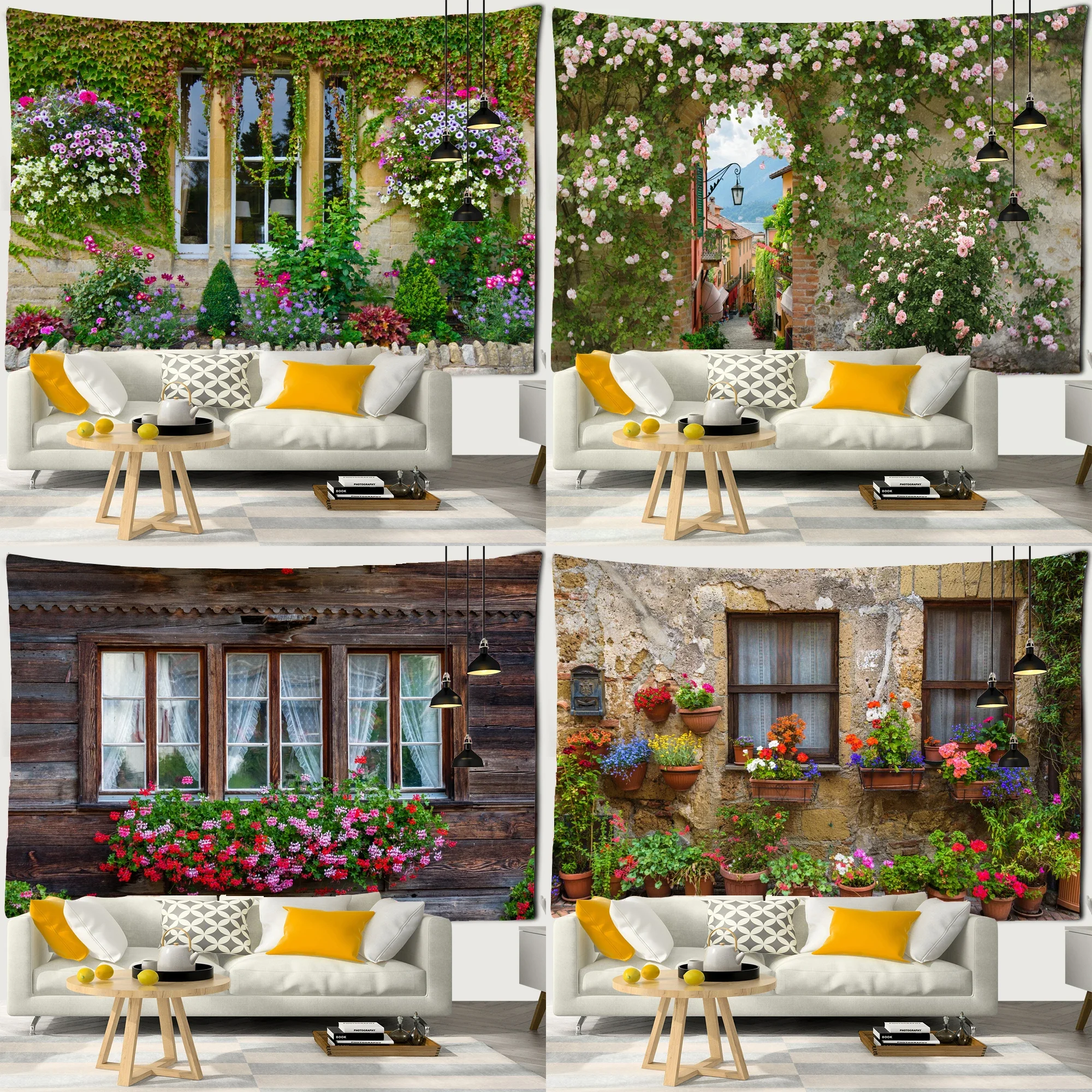 Garden Windowsill Flowers landscape Wall Hanging Idyllic Scenery Tapestry Wall Cloth Beach Mat Flower Blanket Home Decoration