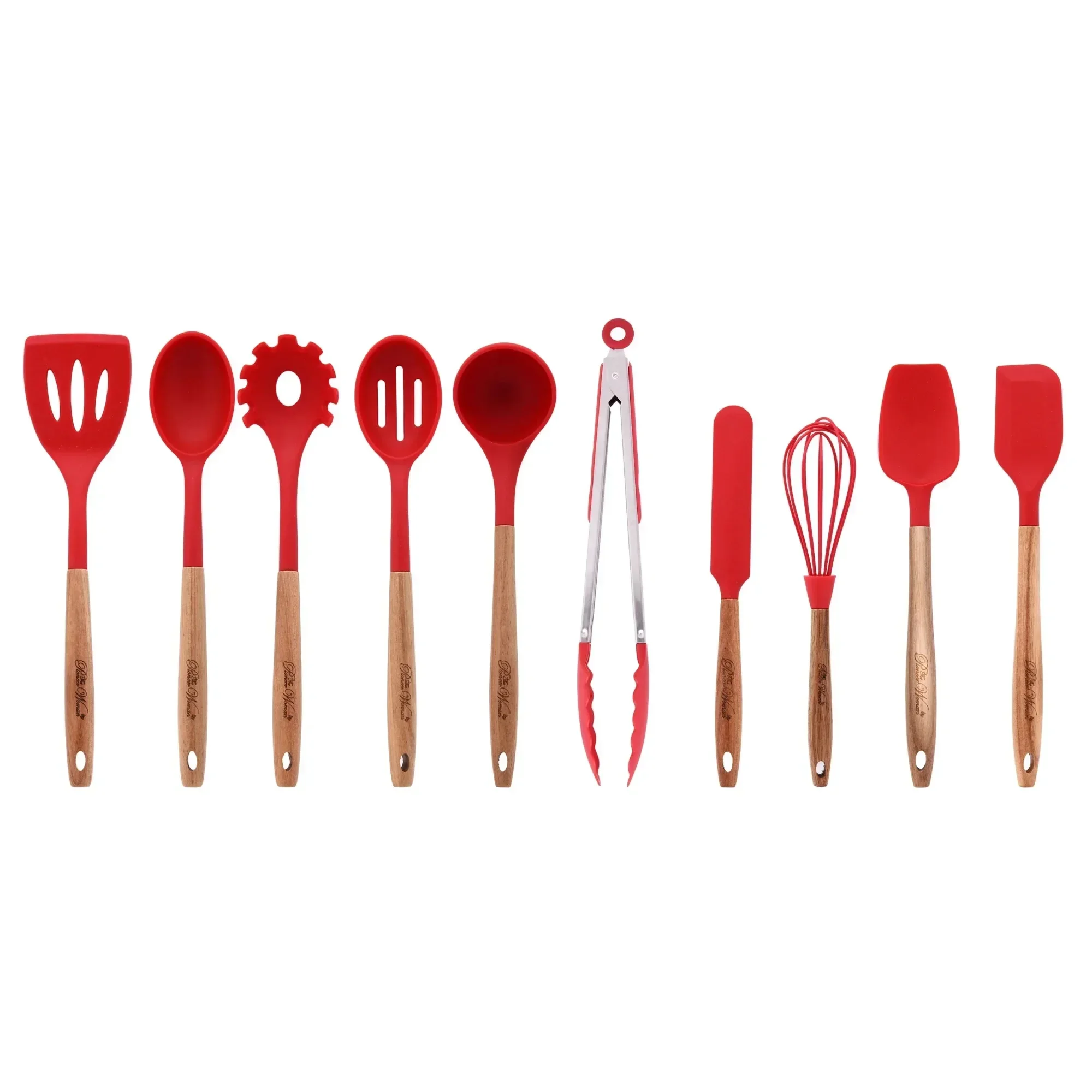 

10-Piece Silicone and Wood Handle Kitchen Cooking Utensils Set, Red