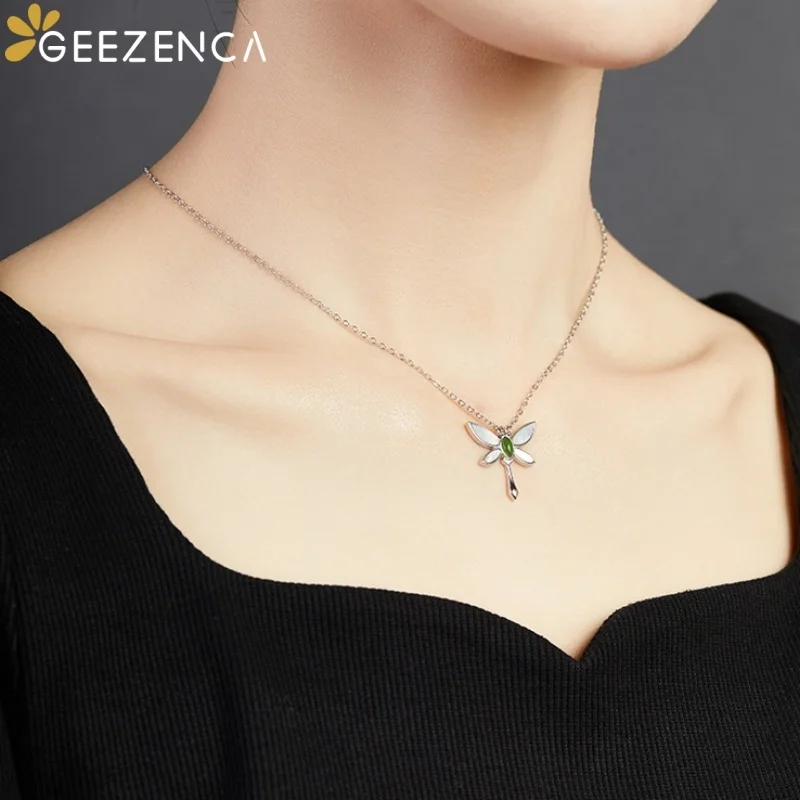 GEEZENCA 925 Sterling Silver Jasper Dragonfly Pendant Necklace Woment White Mother of Pearl Big Cute Insect Necklaces Cute Gift