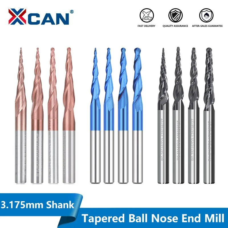 XCAN Tapered Ball Nose End Mill 1/8''(3.175mm) Shank Super Coated Carbide Milling Cutter 5pcs Set Wood Metal Engraving Bit