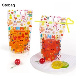 StoBag 100pcs Wholesale Transparent Liquid Bag Juice Beverage Packaging Clear with Straw Drinking Tote Plastic Sealed Pouches