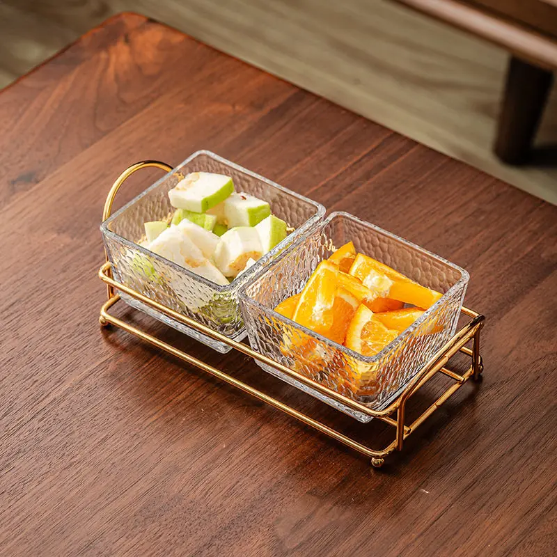 2 Pcs Hammered Square Glass Snack Bowls with Lids & Golden Metal Rack Fruit Nuts Candy Serving Dishes Exquisite Transparent Bowl