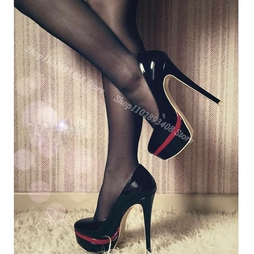 Black Patent Leather Platform Pumps Round Toe Stiletto Comfortable Design for Dress Party Women Shoes 2024 Zapatos Para Mujere