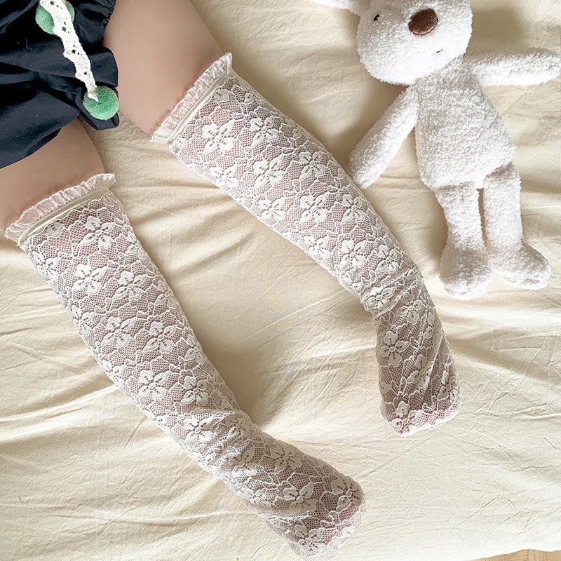 Summer Baby Socks for Girls Korean Style Knee-High Long Sok Floral Jacquard Breathable Lace Sokken Cute Newborn Photo Props