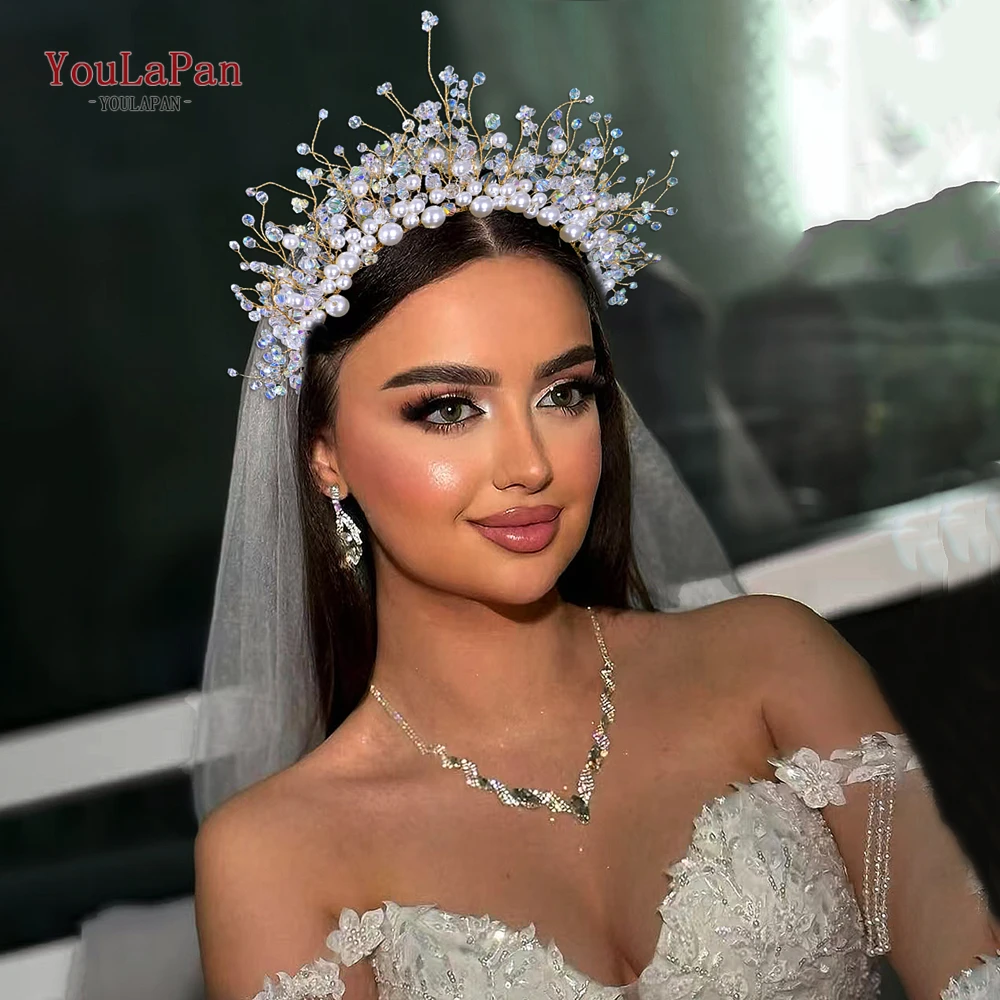 

TOPQUEEN Wedding Pearl Crystal Hair Hoop Bride Headpiece Party Crown Bridal Vintage Hair Accessories Banquet Headband HP877