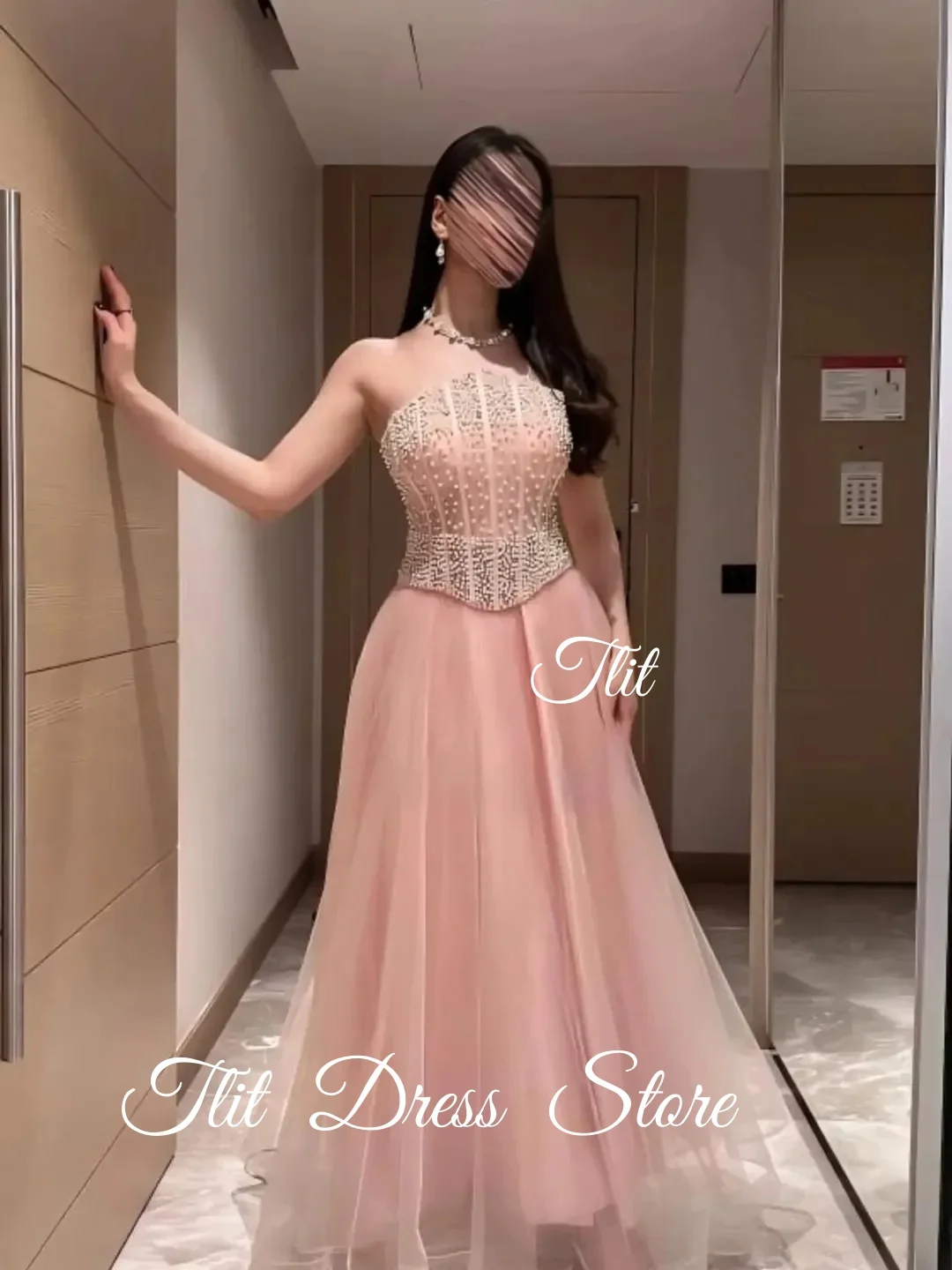 Sukienki wieczorowe TLIT w stylu vintage, w kolorze pudrowego różu, o kroju litery A, z tiulu, szyte na miarę, sukienki na bal, bez ramiączek, zdobione koralikami, perłami, gorsetem.
