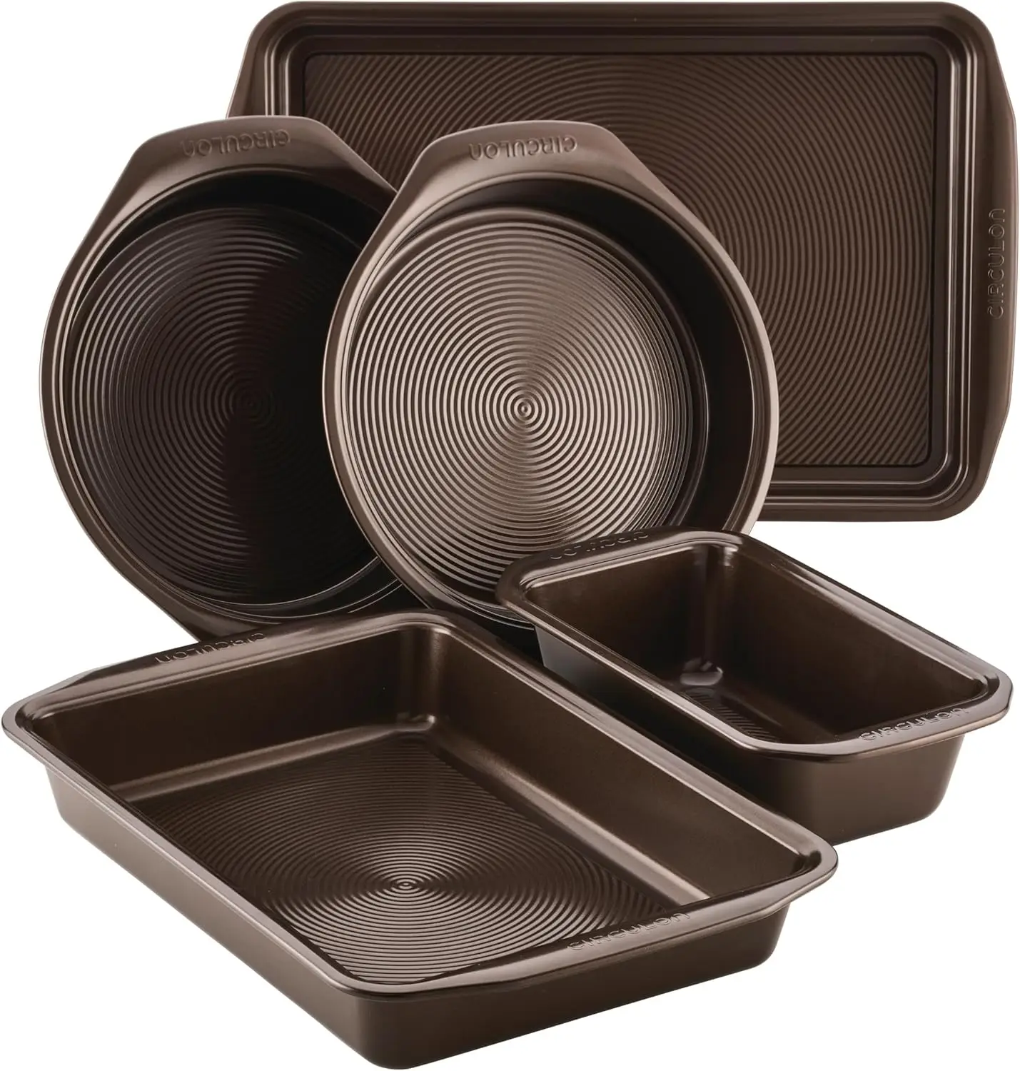 

5-Piece Nonstick Bakeware Set with Cookie Sheet, Bread Pan, Baking Pan & Cake Pans in Chocolate Brown