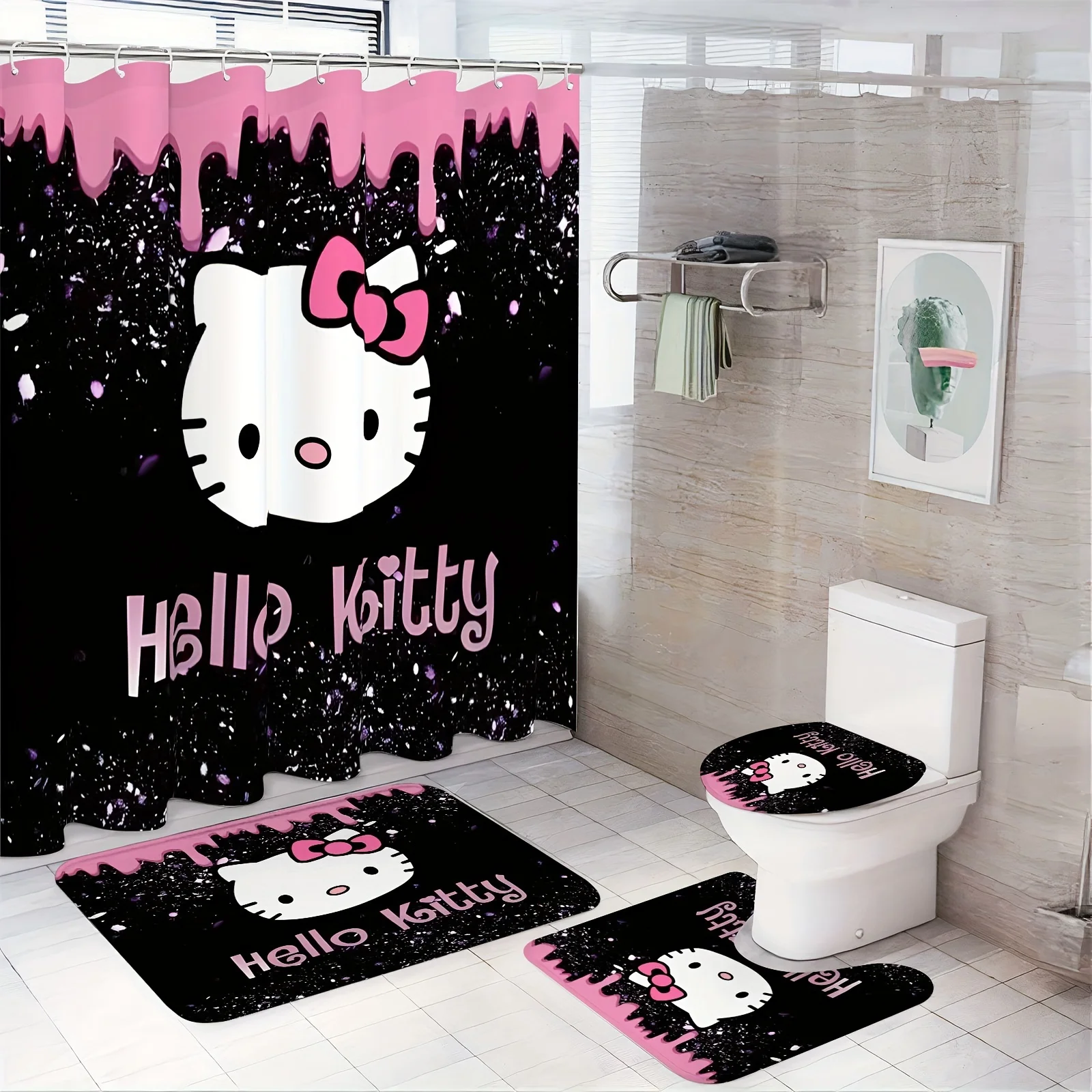 Hello Kitty Shower Curtain Sets with Rugs Hooks Cartoon Themed Washable Polyester Bathroom Decor Home Decor Curtain and Mat Set