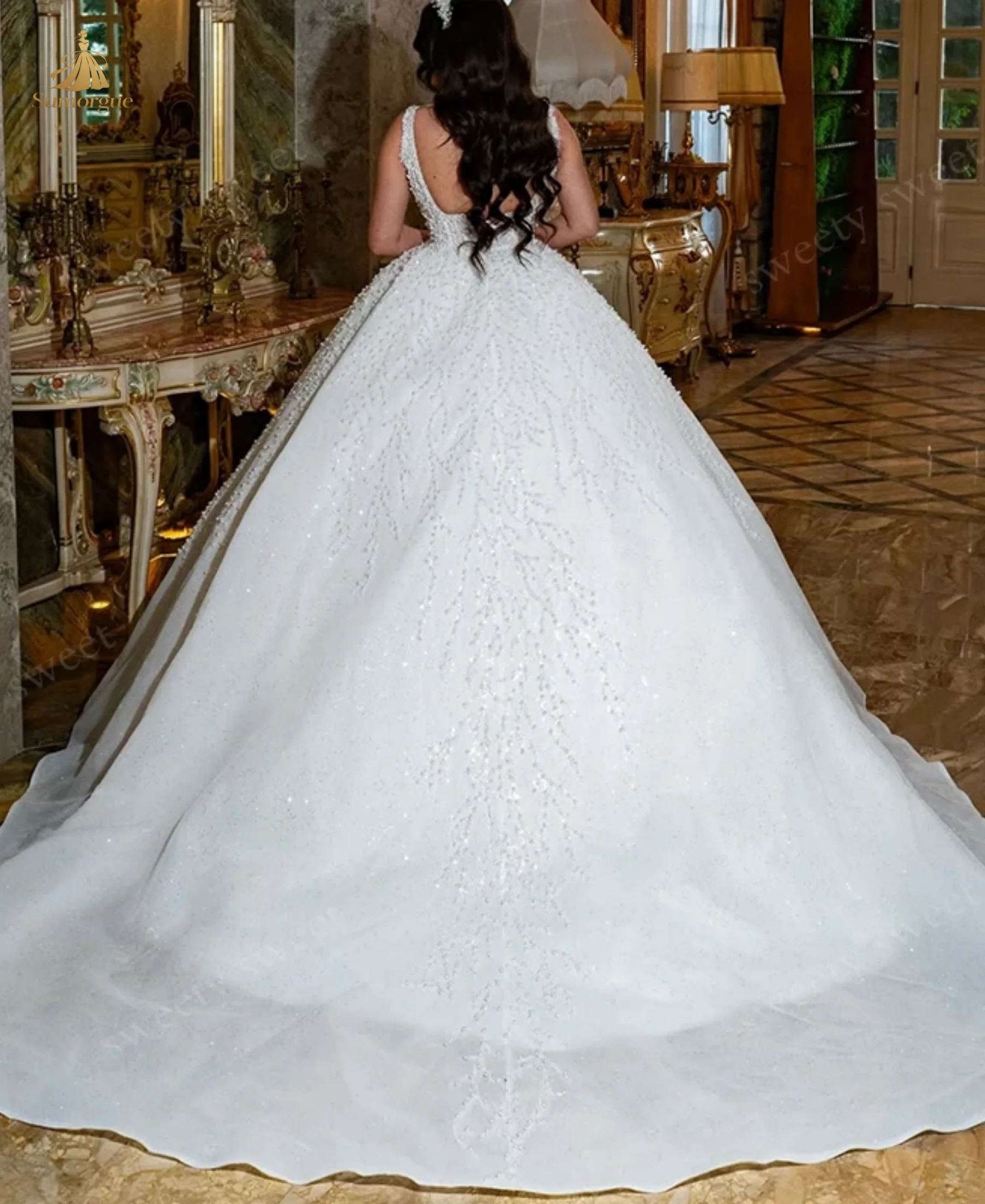 Shining Wedding Dresses Ball Gown Square Collar Sequins Beading Sleeveless Bride Dresses Vestidos De Noiva highend Customized