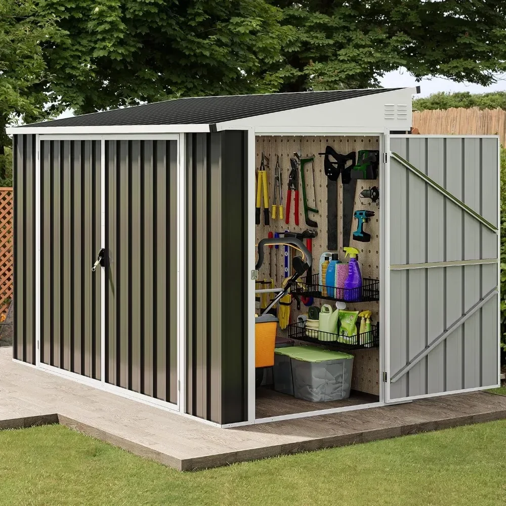 

8x4FT Large Metal Outdoor Storage Shed, Heavy Duty Garden Shed with 3 Lockable Doors & Air Vent & Sloped Roof, Waterproof