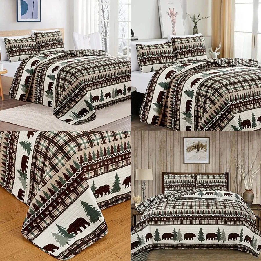 

3 Piece Reversible Quilt Set with Shams | All-Season Soft & Lightweight Bedspread | Rustic Lodge Cabin Printed Plaid Design | Cedar Creek Collection (Full/Queen, Chocolate/Green)