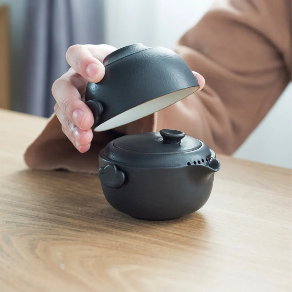 

Портативный чайный набор: черный, с одной чашкой и одним чайником, керамический, многофункциональный, для чая Кунг-фу, для путешествий, кемпинга, офиса, портативный чайник