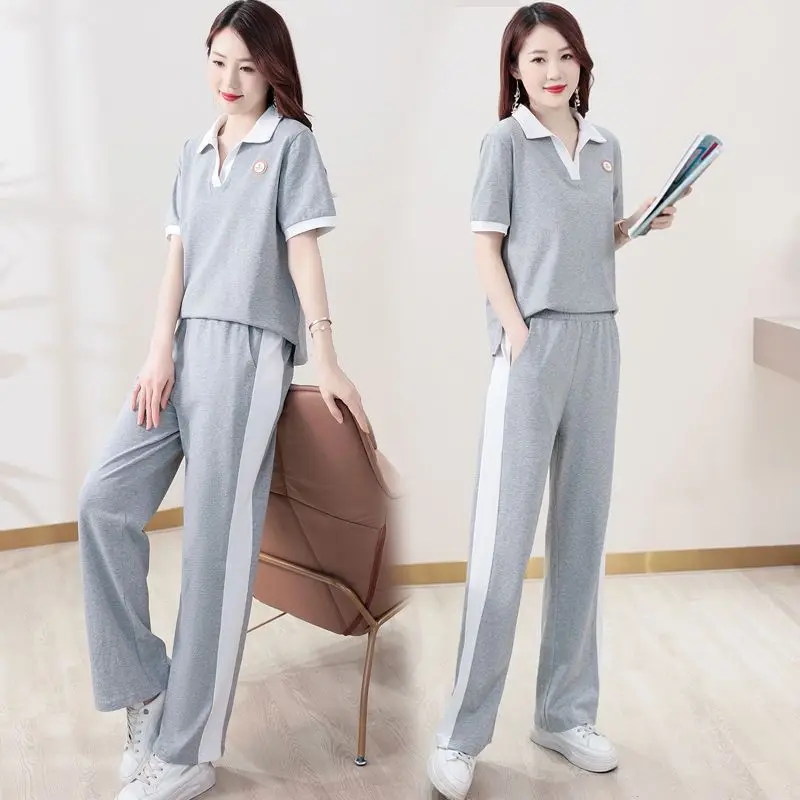 Women\'s Korean Casual Fashion Suit 2024 Spring Summer New Loose Crop Tops And Wide Leg Pants 2 Two Piece Set Plus Size Clothing