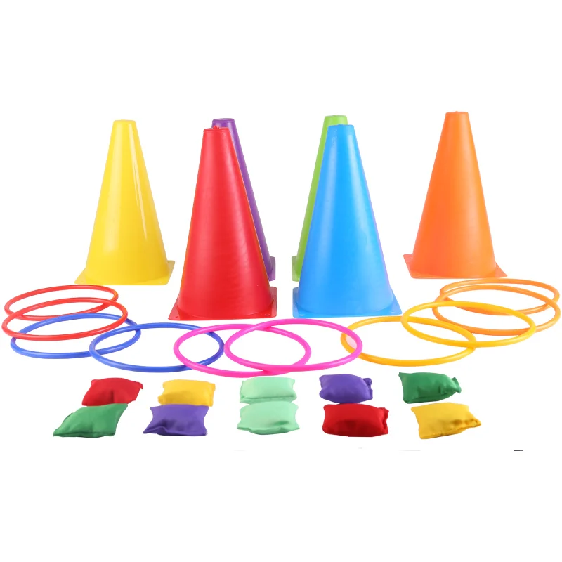 1 Set 3 In 1 Ring Game Carnival Combo Set Soft Traffic Cone Bean Bags With Plastic Multicolor Throwing Circle Activity Rings