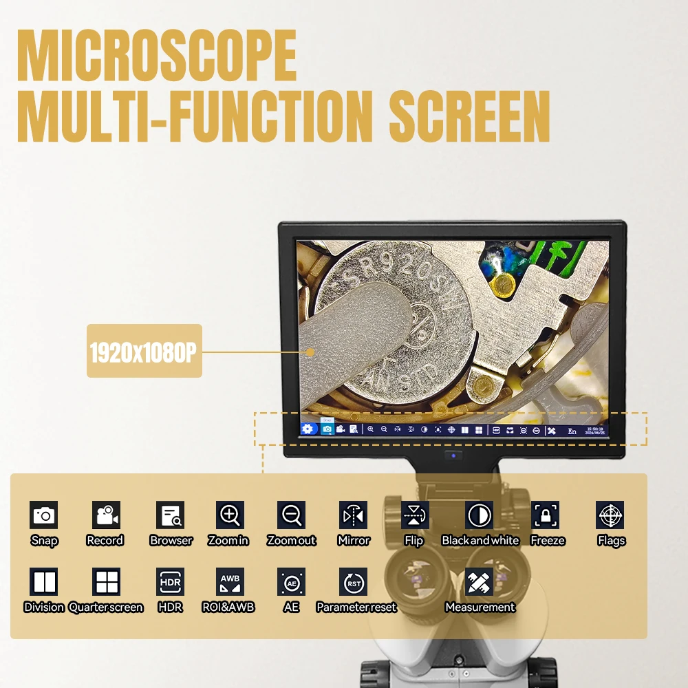 Katway Microscope stéréo trinoculaire numérique LCD HH-MS01B, 10X/20X Eculaires SIM, Grossissement 7X-45X, Lumière LED 56 ampoules, Spring prompt ket