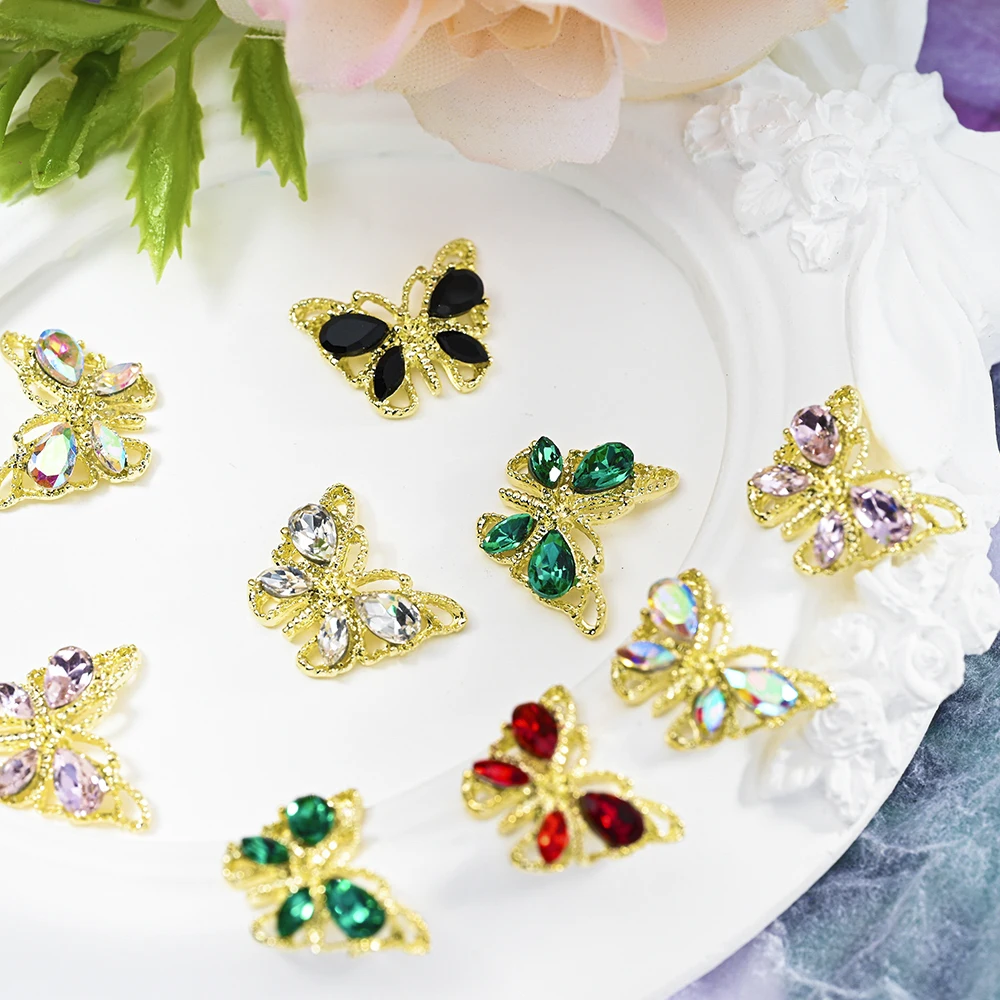 3D Butterfly Nail Jewelry Glass Crystal Rhinestones Sparkle Butterfly Nail Charms DIY Golden Alloy Diamond Nail Art Accessory #*