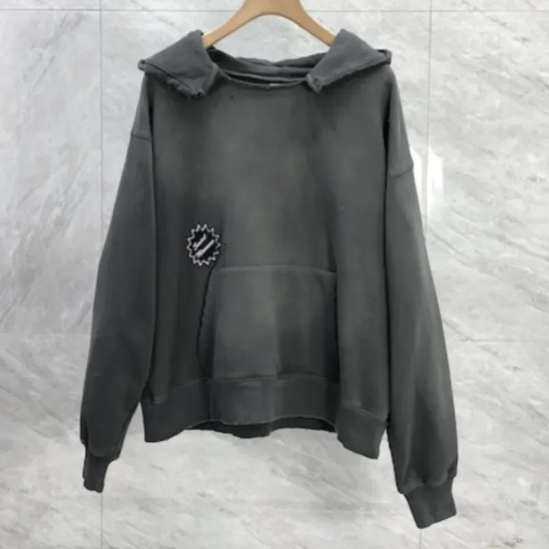

Winter Street Washed Grey Saint Hoodies Oversized Cotton Ripped Neckline Vintage Print Hooded Sweatshirts Loose Men Women Tops