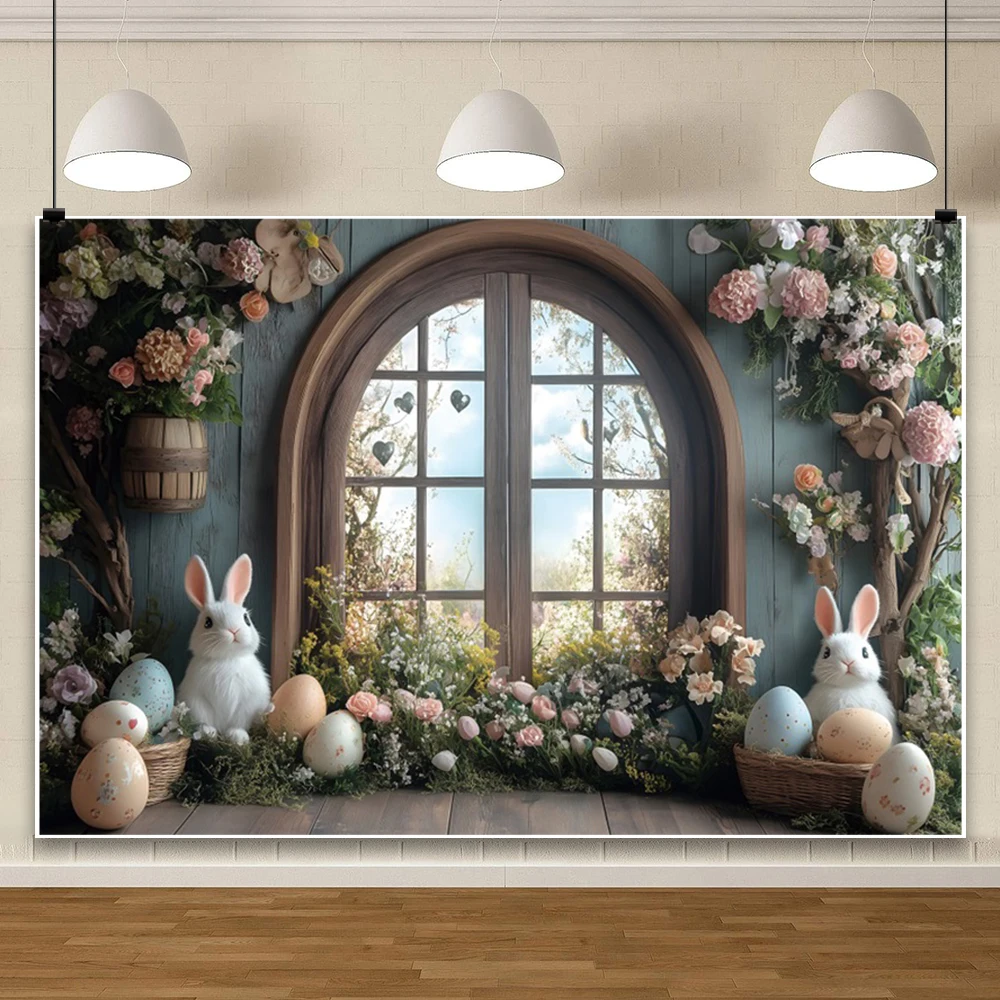ربيع عيد الفصح حزب التصوير خلفية ملونة البيض أرنب نافذة مقوسة زهرة باقة الداخلية حزب خلفية استوديو الصور