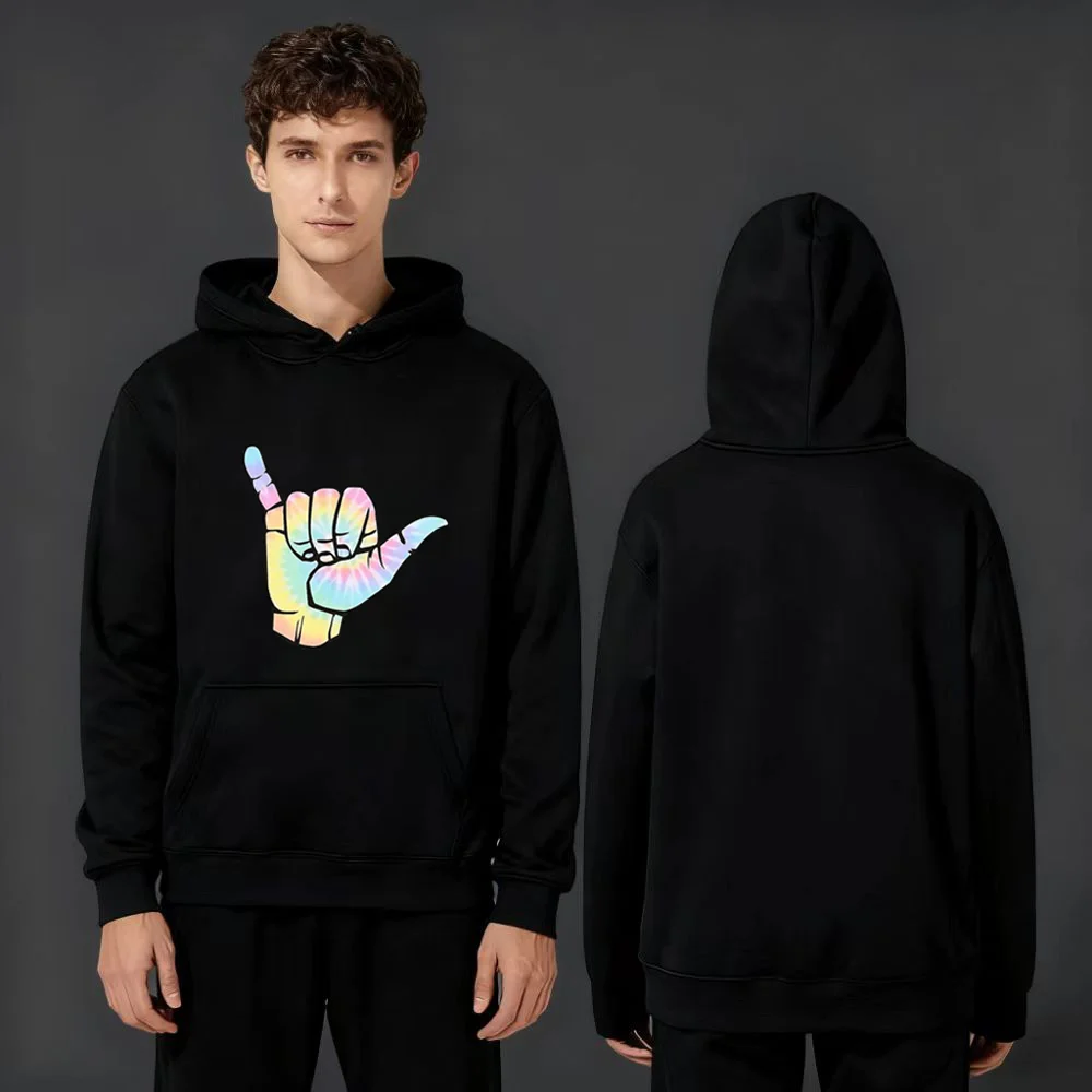 

2025 New Fashion 330gsm Heavyweight Hoodie with Rainbow Tie Dye Shaka Sign Print Comfortable Casual Unisex Streetwear Sweatshirt