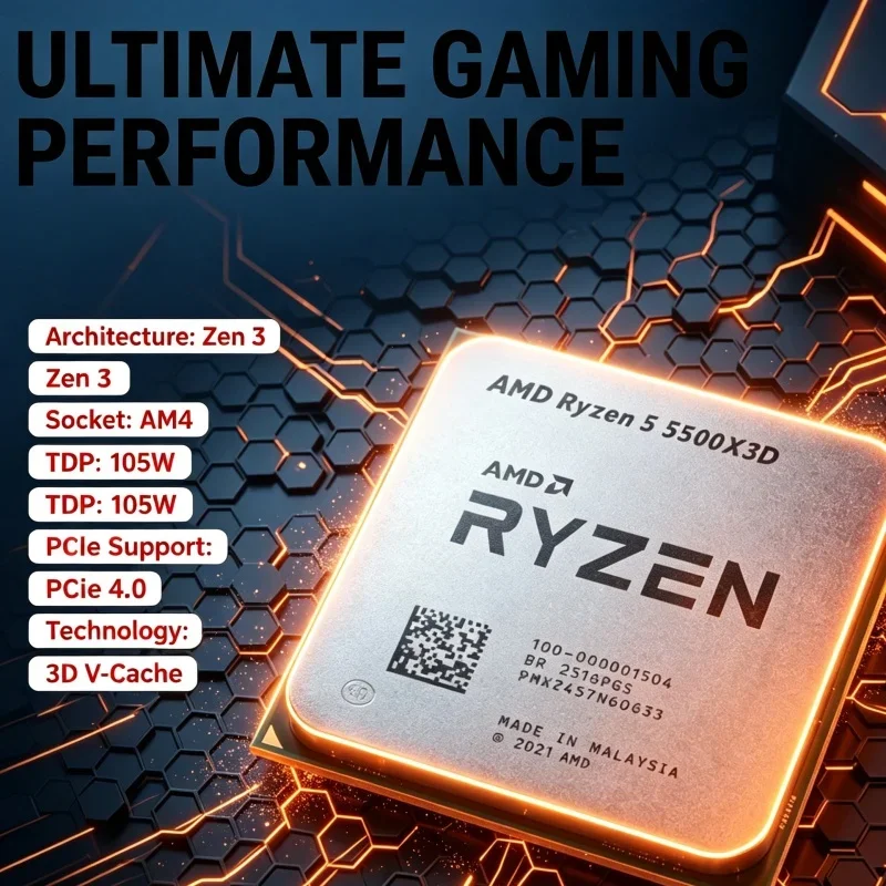 Powerful AMD Ryzen 5 5500X3D Processor 7NM 6C12T 4.0GHz Boost PCIe 4.0 AM4 Desktop CPU