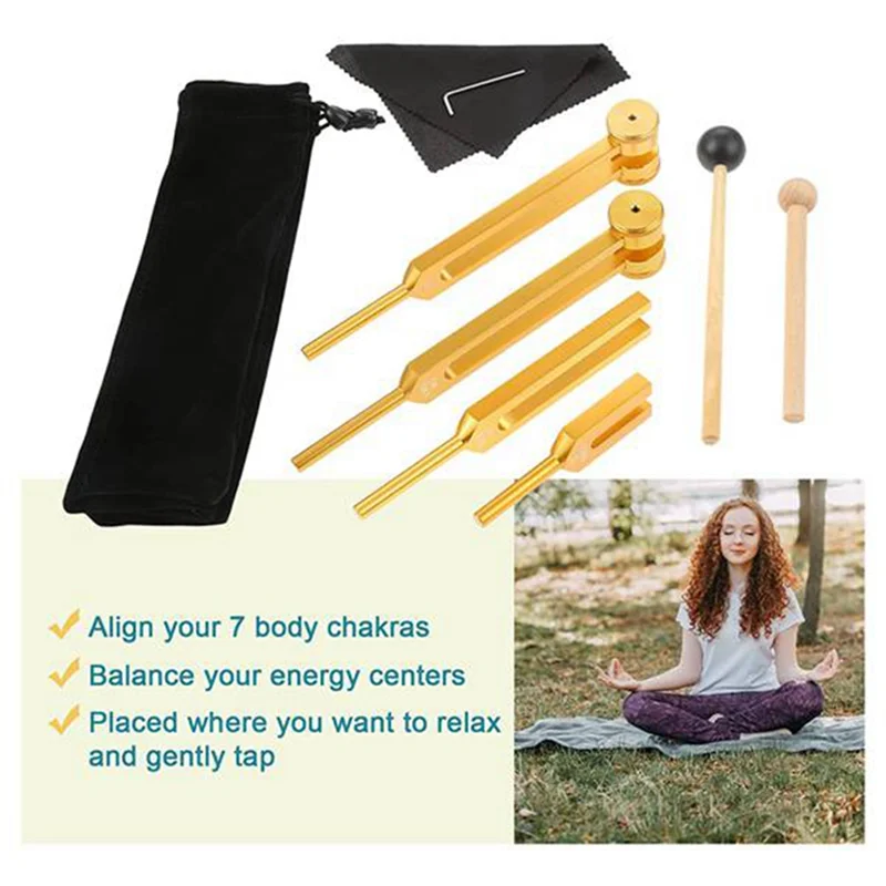 4 Piece Tuning Fork Set (4096C, MI528, 128C, OM136.1) for Solfeggio, for Chakras, Sound Healing, Stress Relief, Gold