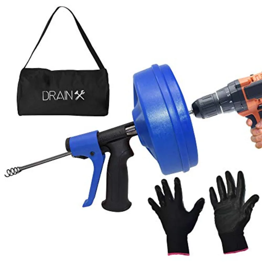 

DrainX SPINFEED Snake Drum Auger Drill Power or Manual Use - Auto Extend and Retract Snake Work Gloves and Storage Bag Included