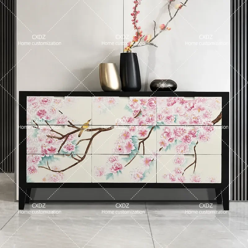 Neoclassical Chinese Style Painted Dining Side Cabinet Solid Wood Storage Chest for Entrance Bedroom Antique Rural Furniture
