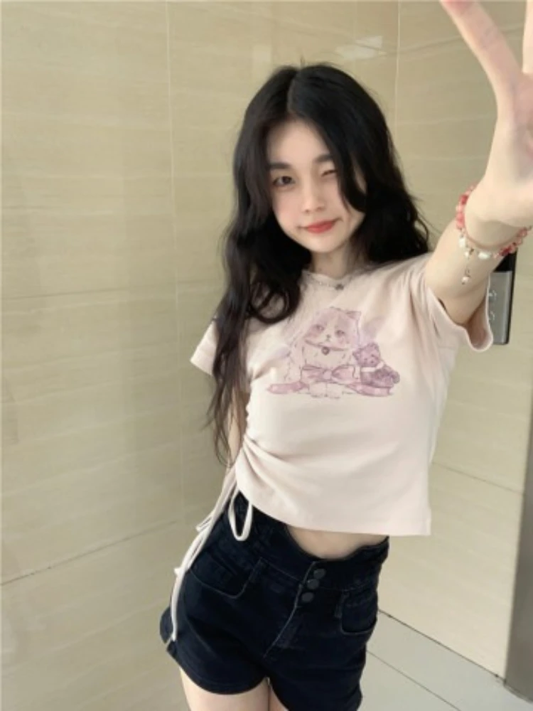 Camiseta con estampado de dibujos animados Y2K para mujer, camiseta con hombros positivos y cordón, Tops sexys y dulces, camiseta ajustada versátil de ocio para mujer