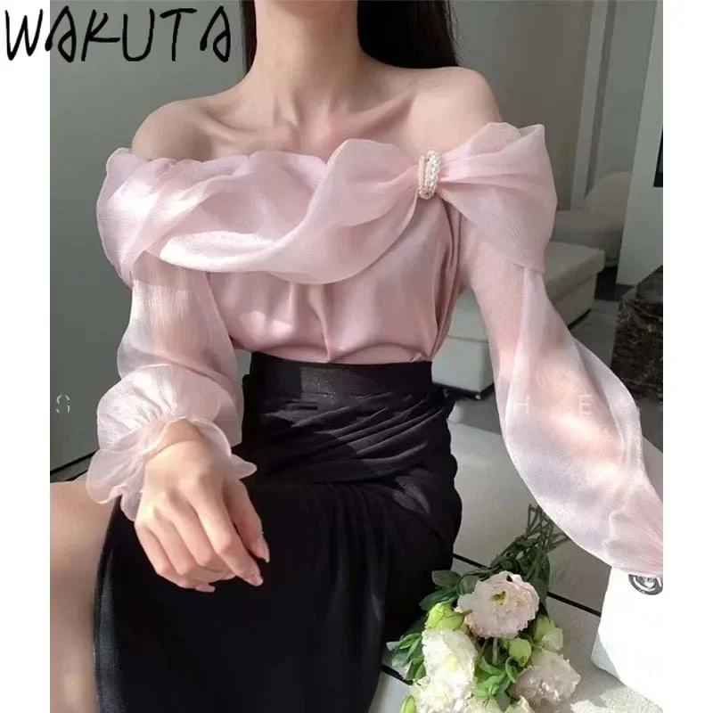 Wakuta off shoulder sweet transparant dames blouses elegante sexy lange mouw strik slash nek effen vrouwelijke mode Koreaanse tops