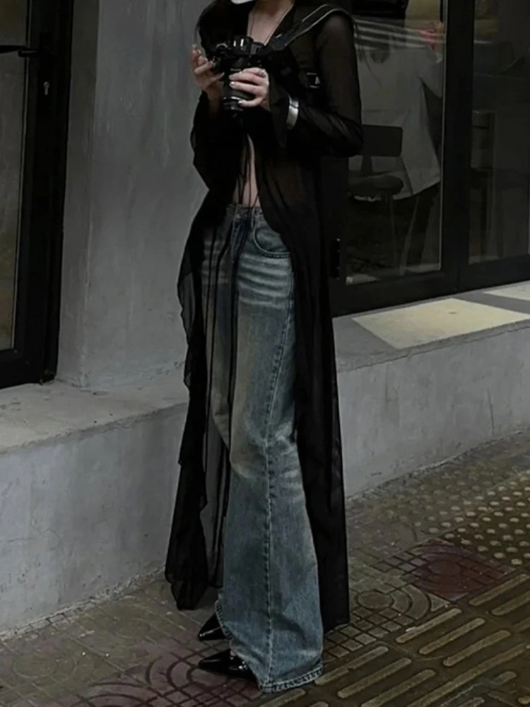 Y2k Aesthetic Bandage Blouse Women Vintage Black See Through Long Cardigan Slim V Neck Streetwear Sexy Grunge Tops 2024 Summer