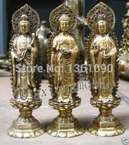 Free Shipping 20cm 3 pcs set Buddhist Trinity Buddha bronze Oblation Pray statue