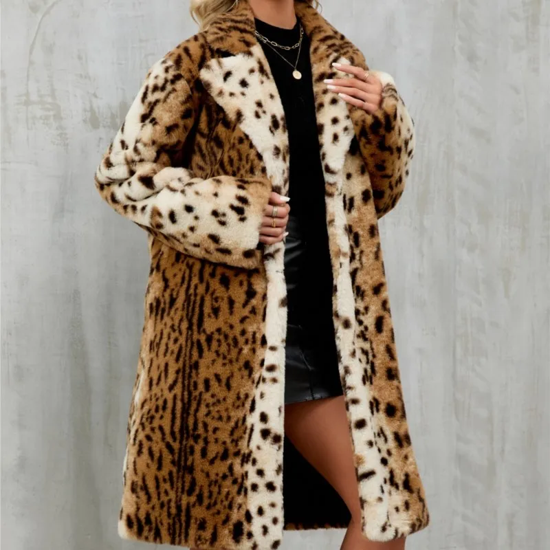 سترات شتوية سميكة ودافئة لعام 2025 معاطف طويلة من الفرو معاطف طويلة منفوشة ملابس خارجية سترات نسائية فضفاضة من الفرو الصناعي على شكل الفهد #6