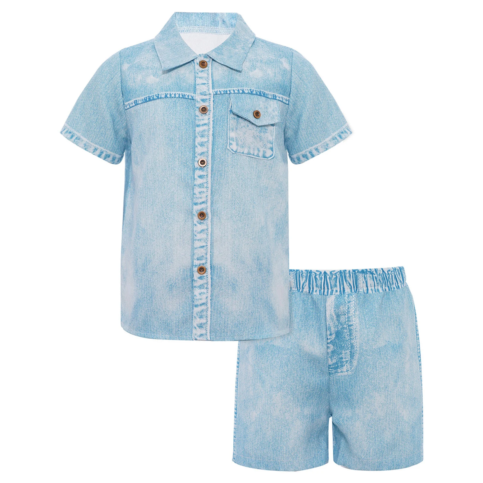 

Kids Boys Imitation Denim Set Summer Turn-Down Collar Short Sleeves Shirt+Elastic Waistband Shorts for Holiday Weekend Beachwear