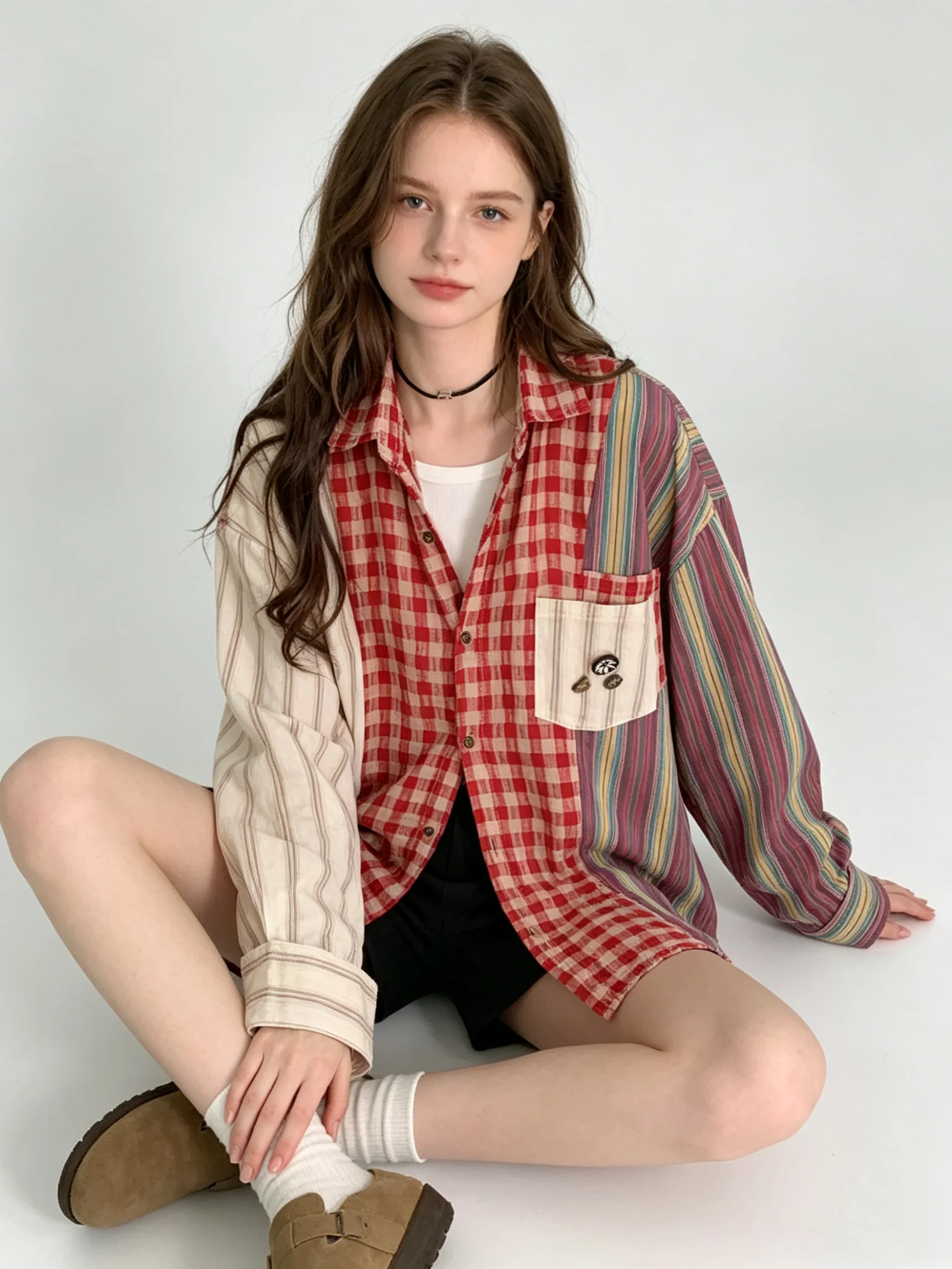 

Women's Red Plaid Shirts and Blouses 90s Y2k Vintage Korean Harajuku 2000s Elegant Long Sleeve Cute Shirts Clothes Autumn 2024