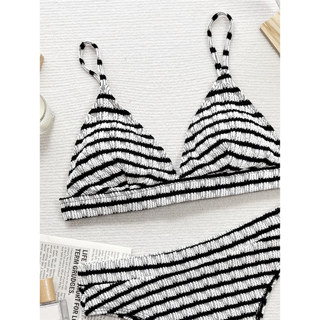 Sexy, schwarz-weiß gestreifter Bikini mit hoher Taille, Damen-Badeanzug, zweiteiliges Bikini-Set, Badebekleidung, Badeanzug, Modell V5830. – Detail 10