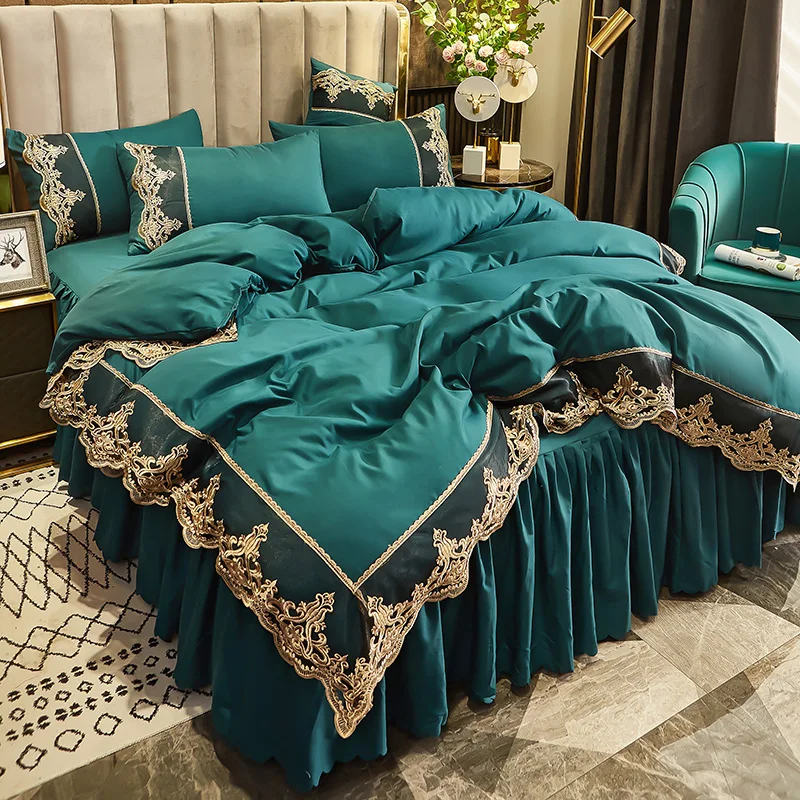 Luxury Peacock Green Duvet Cover Set Nordic Golden Lace Bedding Set Twin Queen King Double Bed Skirt Set for home decor