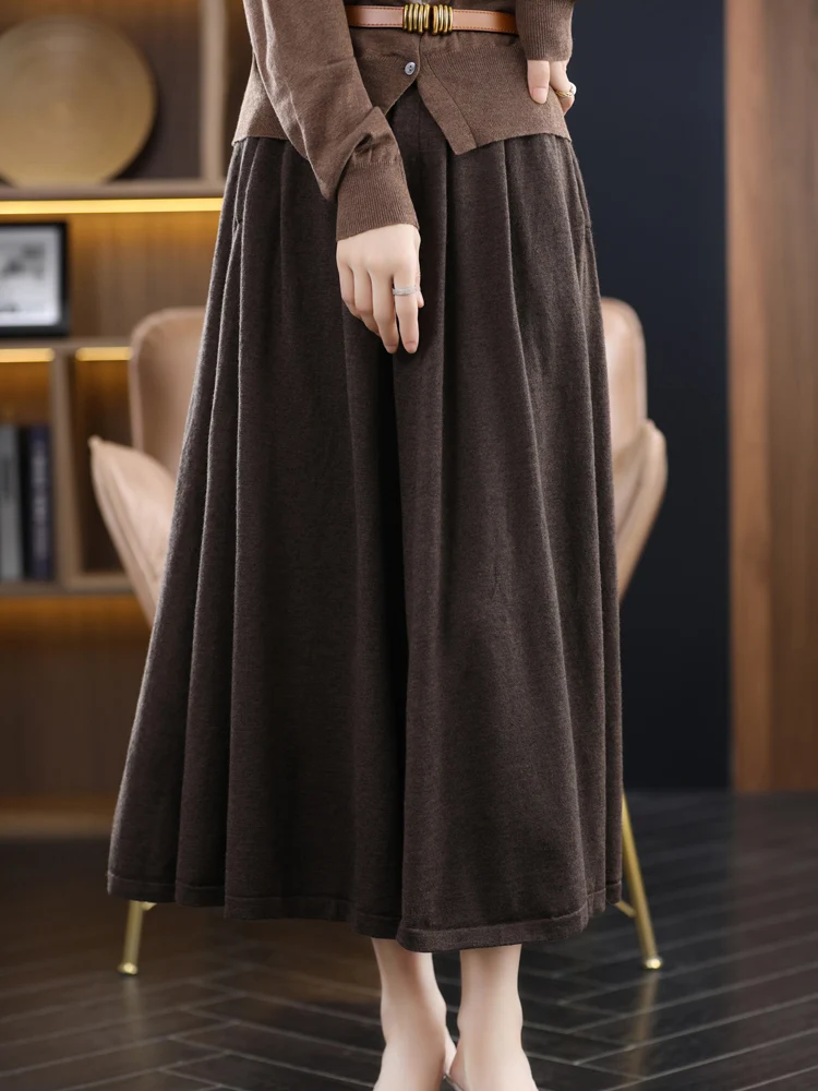 Pure Color Woolen Knitted Mid-Length A-Line Skirt Women's Fashion Autumn Winter High Waist Cashmere Half Body Skirt