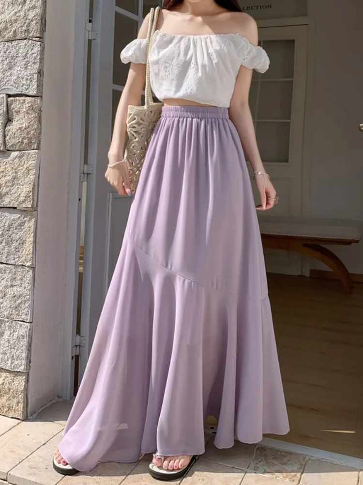 

Новая летняя женская юбка А-силуэта с высокой талией, шифоновая, двухцветная, драпированная, с эластичным поясом, фасон «рыбий хвост»