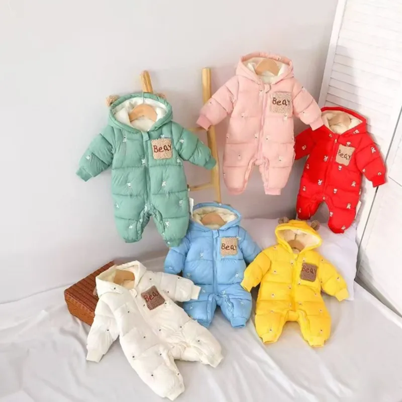 Winter Infant Babys Boys Rompers Cotton Thicken Velvet Hooded Jumpsuits For Kids Boys Bear Stickers Print Toddler Boys Bodysuits